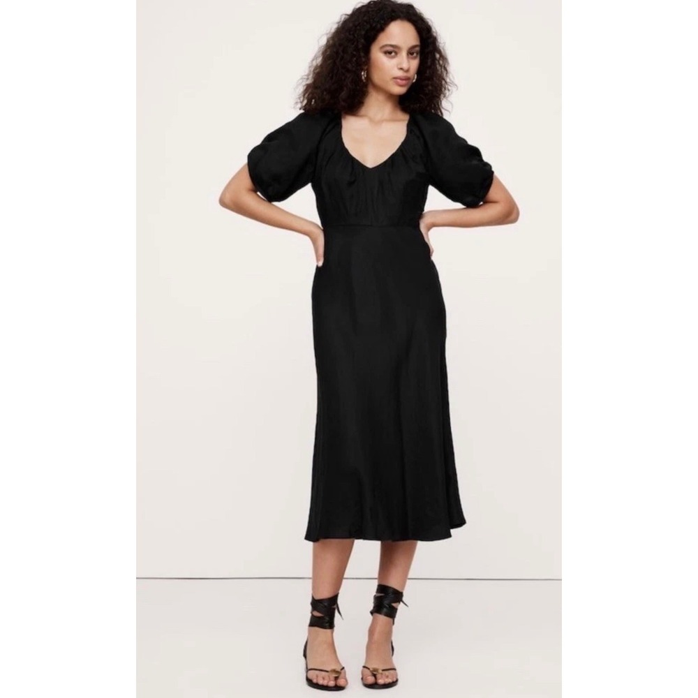 Banana Republic Black Silky Linen Ruched Midi Dress Puff Sleeve Small